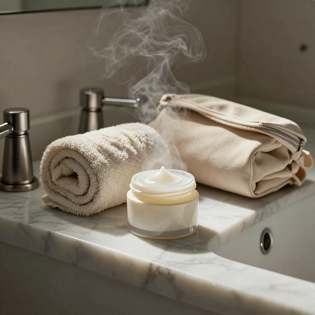Open recovery balm jar beside a towel and travel pouch on a steamy marble sink ledge.