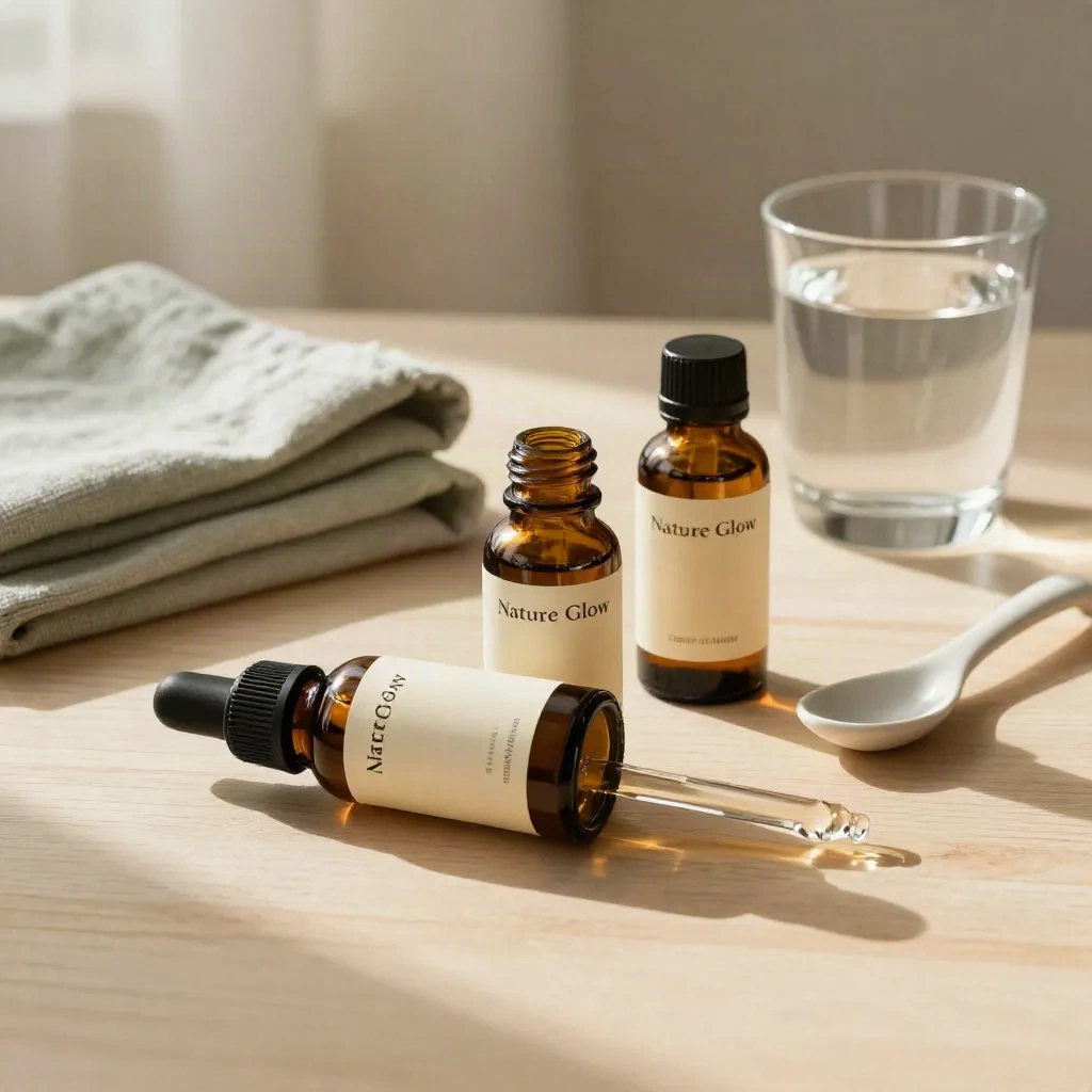 Two amber CBD oil bottles, dropper, spoon, flax cloth and water on a pale wood table in warm morning light.