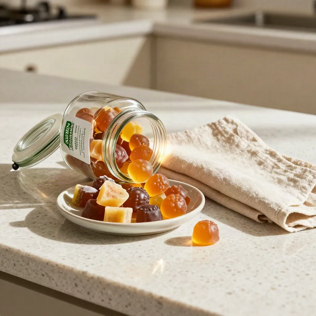 Open CBD gummies jar, fruit chews and linen napkin catching sunlight on a kitchen counter.