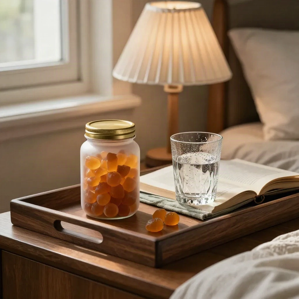 Sleep gummies jar, turned-down book, water glass and lamp on a dark bedside tray.