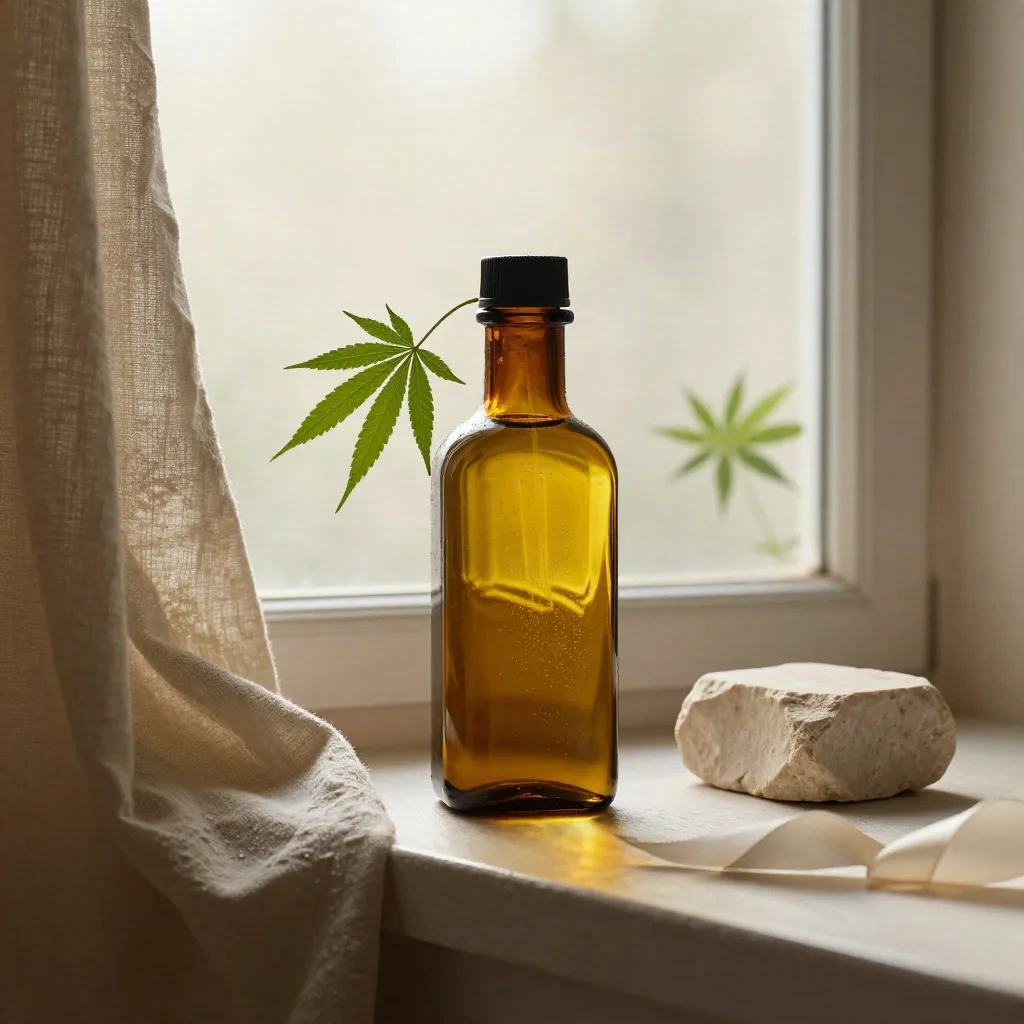 Amber dropper bottle on a misty windowsill with hemp leaves, linen, and stone.