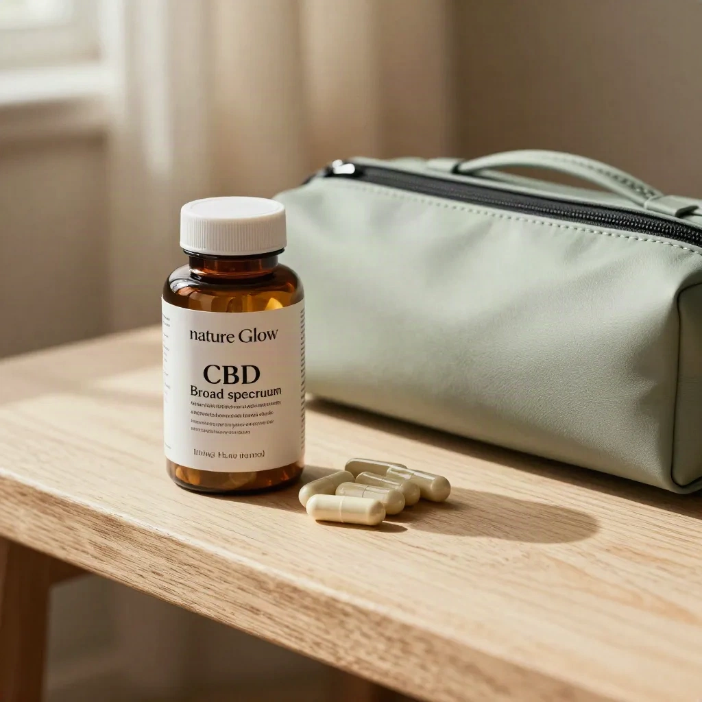 Softgels bottle, capsule row, and sage travel pouch on a pale wood bench in warm daylight.