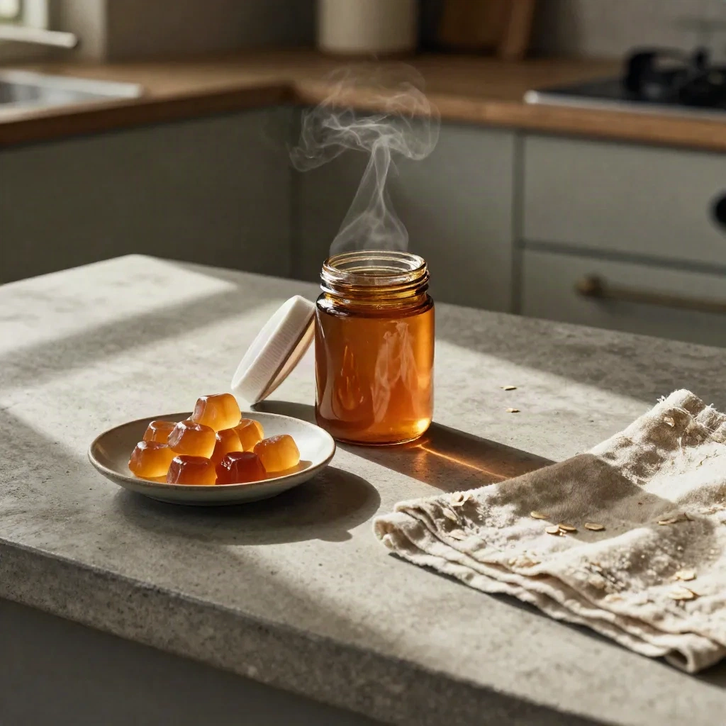 Overhead close of a gummies jar, ceramic plate of chews, and folded linen on a sunlit concrete table.