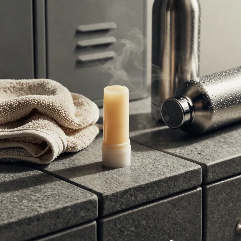 Open recovery balm stick, towel, and cold water bottle on a stone locker bench