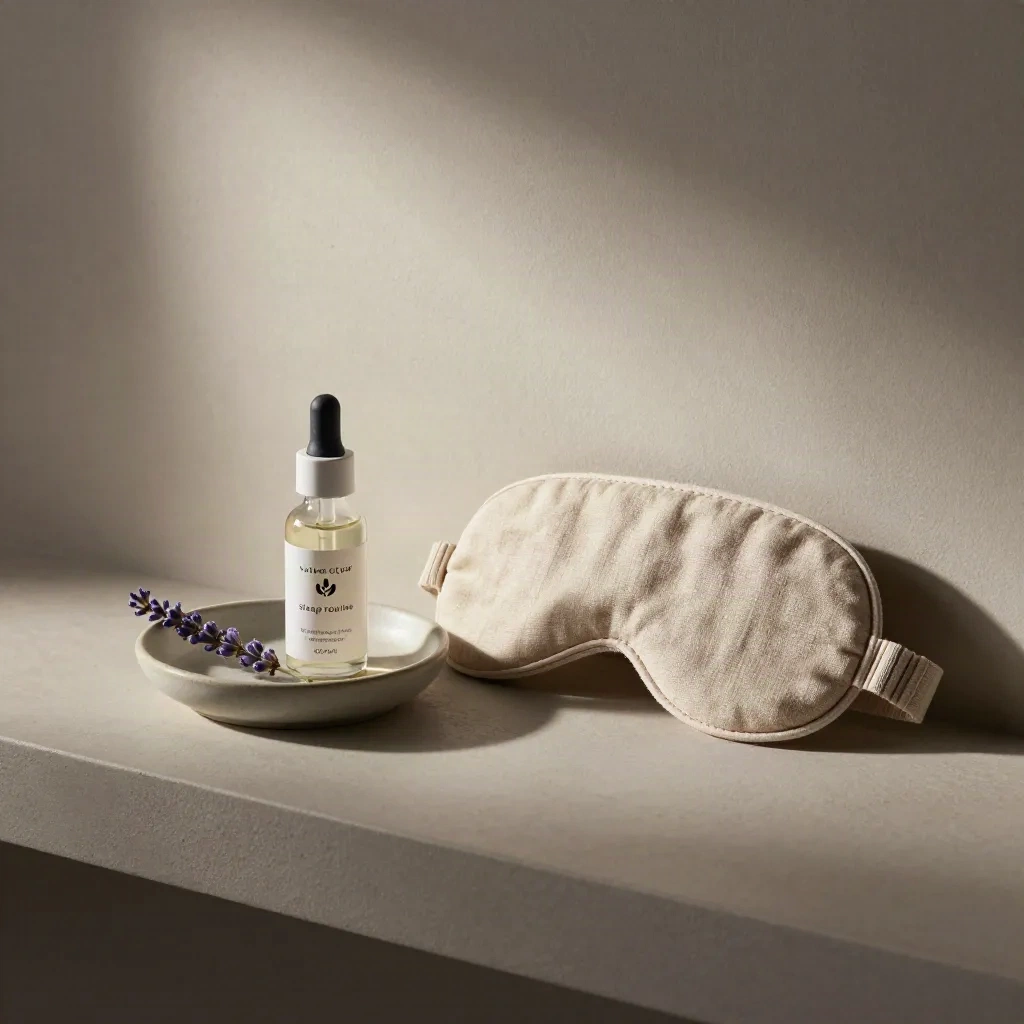 Sleep tincture vial with linen mask, ceramic dish, and lavender sprig on a plaster ledge.