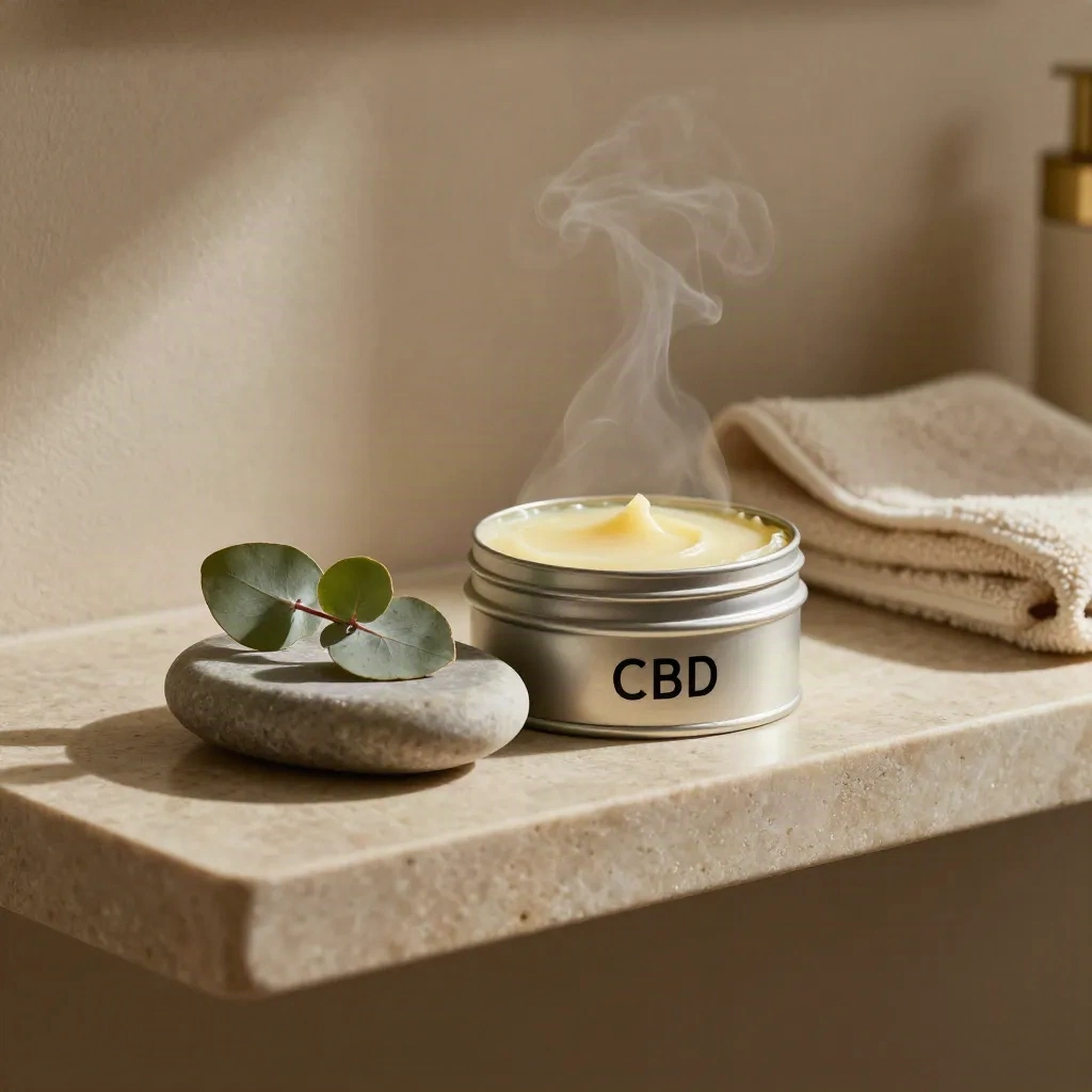 Open CBD balm tin on stone dish with eucalyptus leaf, towel, and soft steam.
