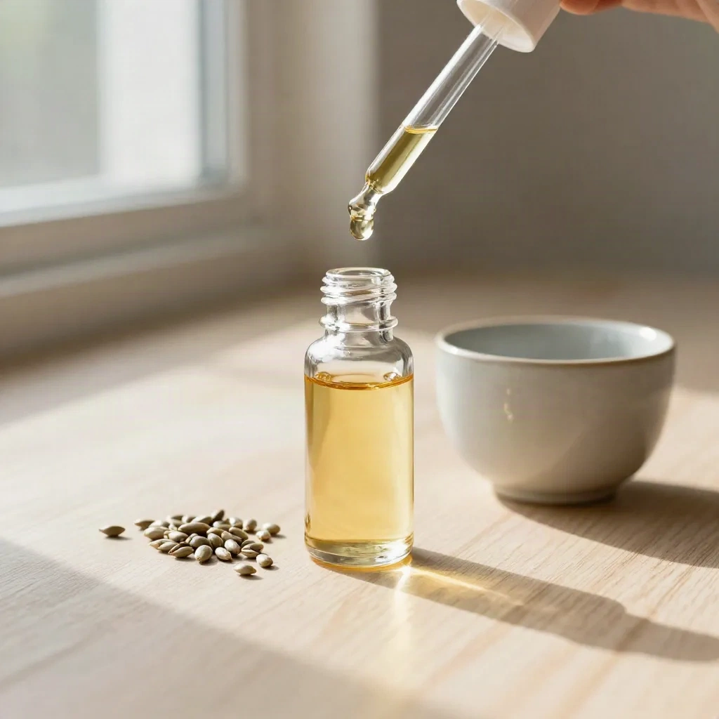 Dropper bottle with oil bead, pipette, seed pods, and ceramic cup on pale wood