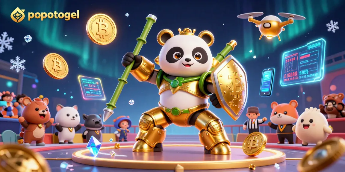 Engage with popotogel's thrilling slot gameplay featuring dynamic 3D characters and vibrant crypto elements.
