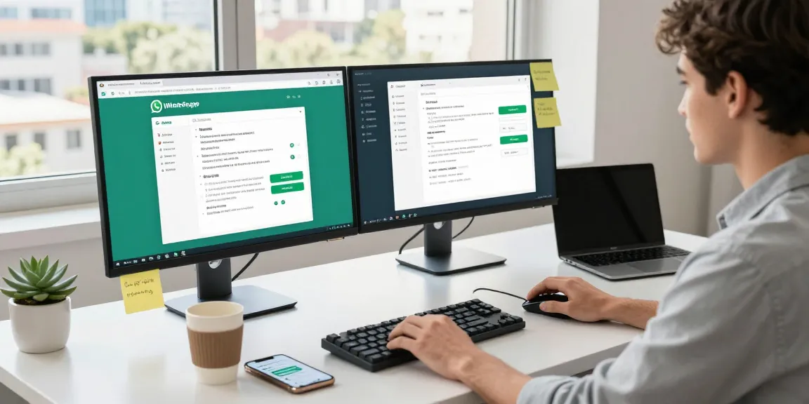 Professional workspace with WhatsApp電腦版 interface on dual monitors, showcasing productivity.