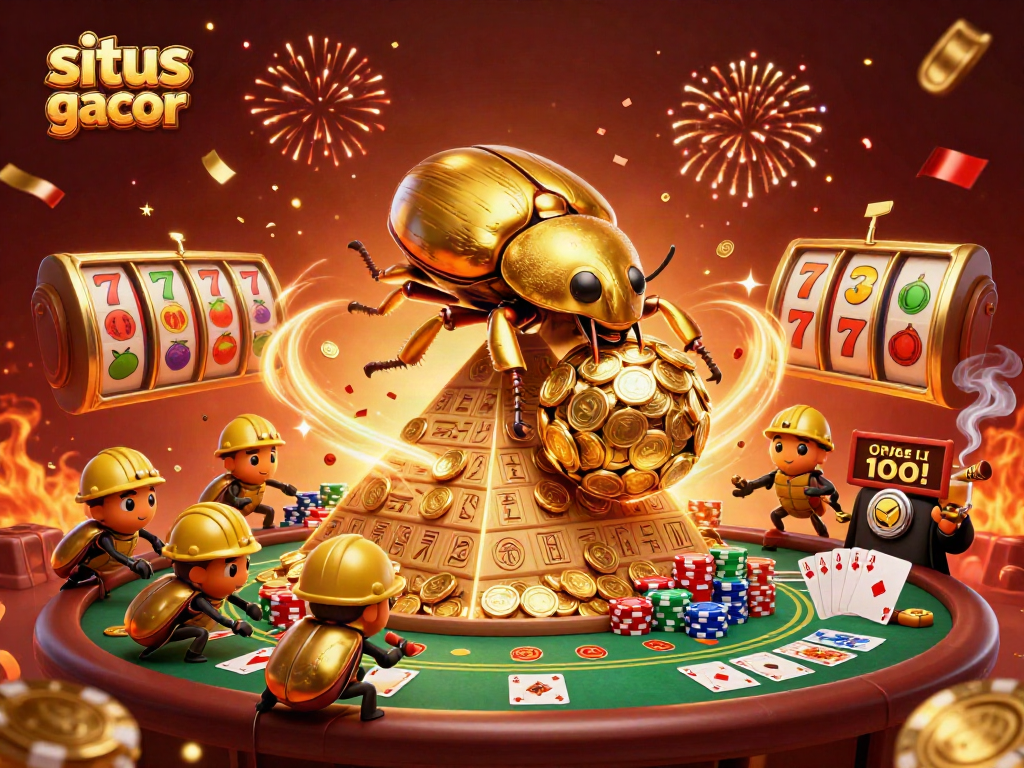 Experience situs slot gacor with cartoon beetles rolling golden coins and vibrant casino elements.