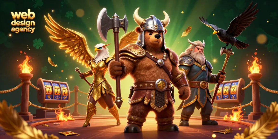 Viking berserker and Valkyrie eagle in a vibrant, dynamic casino scene by web design agency, surrounded by slot symbols.