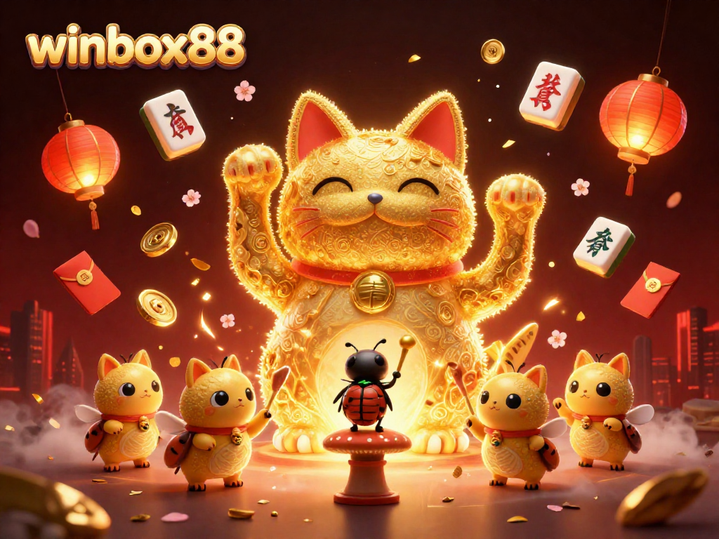 Winbox88 showcases vibrant 3D fireflies forming a lucky cat amidst casino symbols, ideal for gaming excitement.