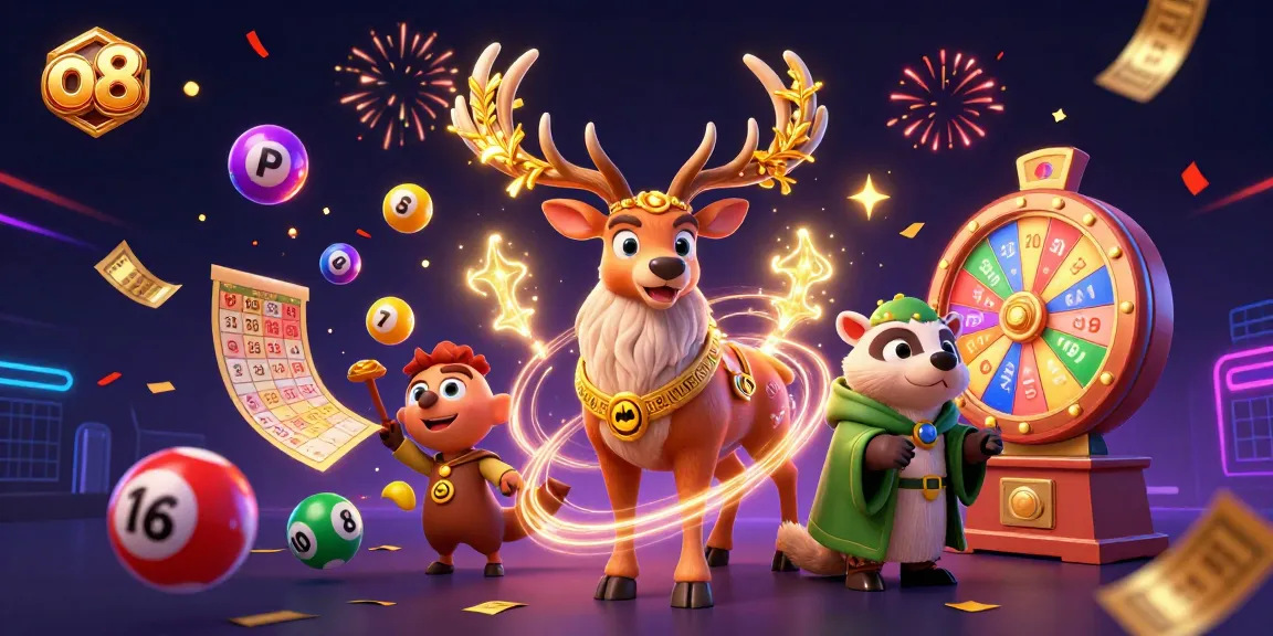 Experience the thrills of o8 with dynamic lottery balls, games, and characters celebrating in a vibrant casino scene.