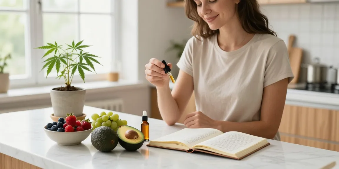 Muha Meds natural wellness scene featuring CBD oil tincture, fresh hemp plant, and healthy ingredients.