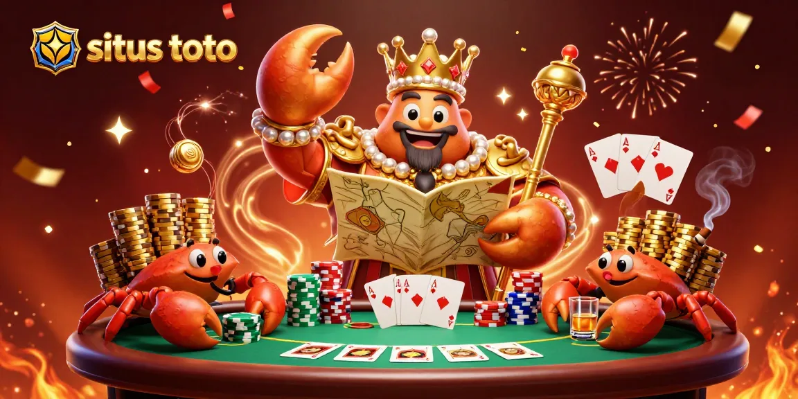 Experience situs toto through a vibrant scene of a golden crab emperor overseeing a lively poker game.