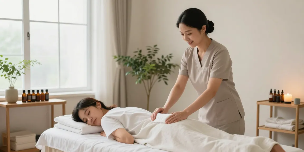 Relaxing 노원출장마사지 setting with a professional therapist preparing a tranquil room.