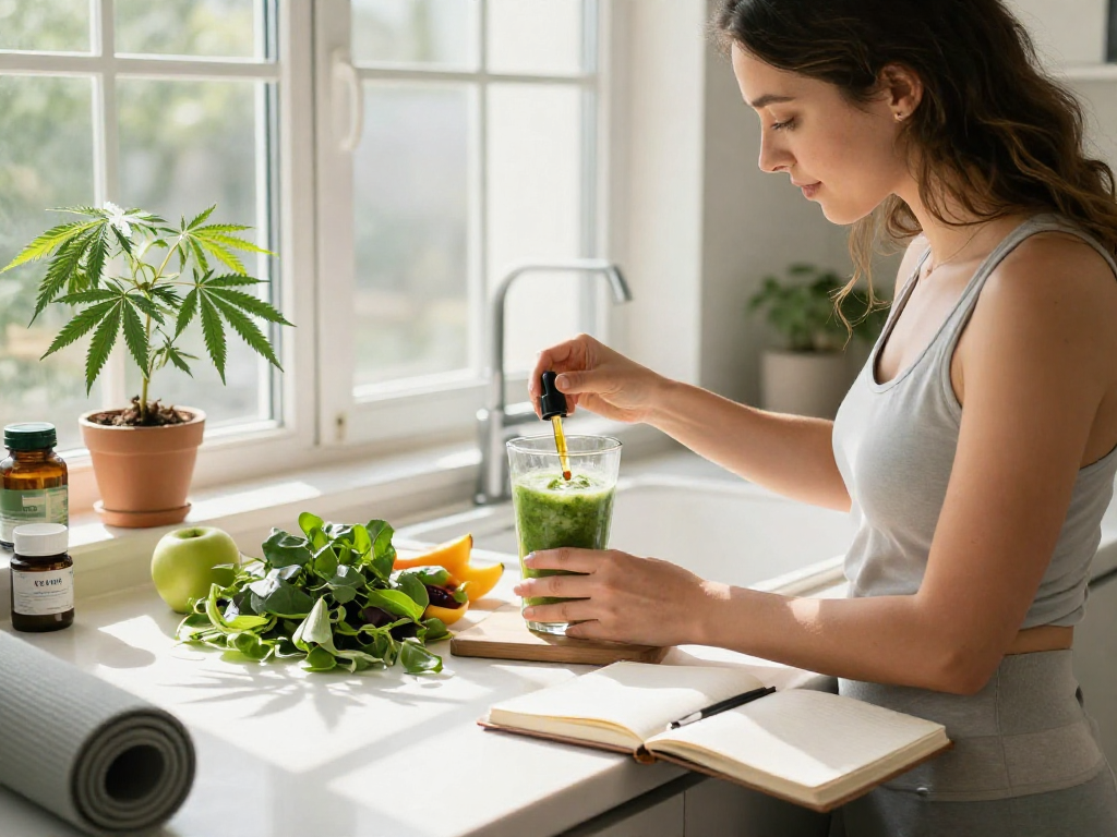 Buy weed online with certified CBD oil for wellness, vibrant kitchen routine with hemp plants and fresh ingredients.
