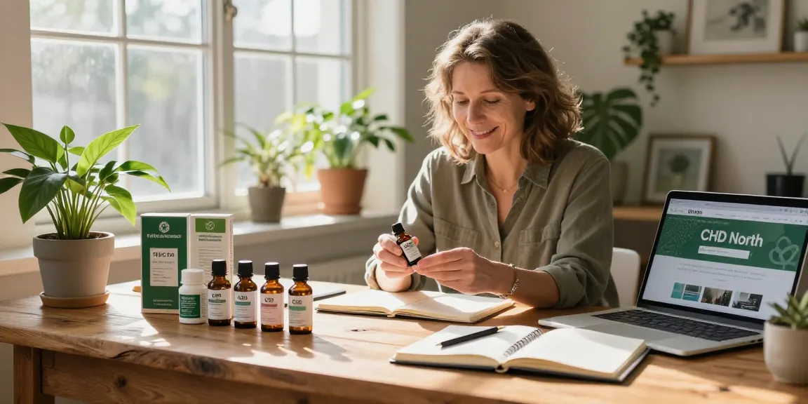 Exploring CBD North products in a cozy home office atmosphere with natural light.