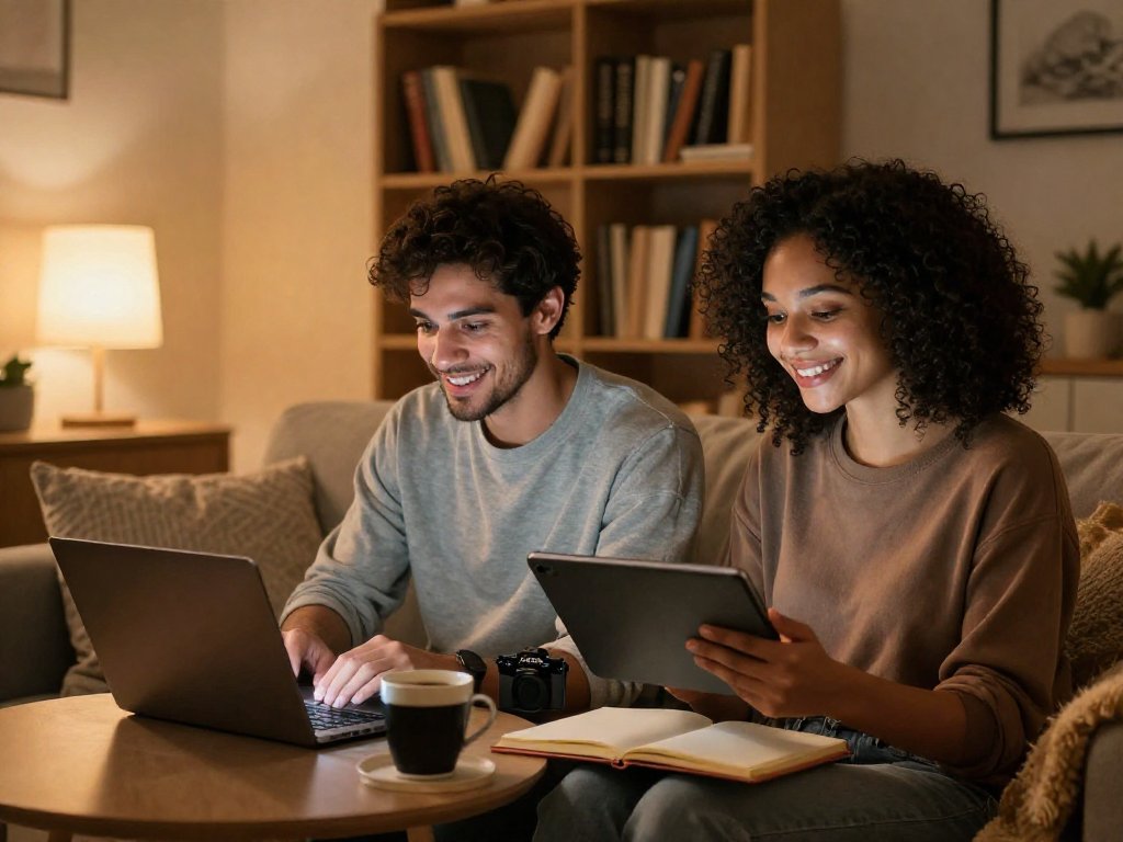 Engaging in intimate conversations using sex ai chat in a cozy living room setting.