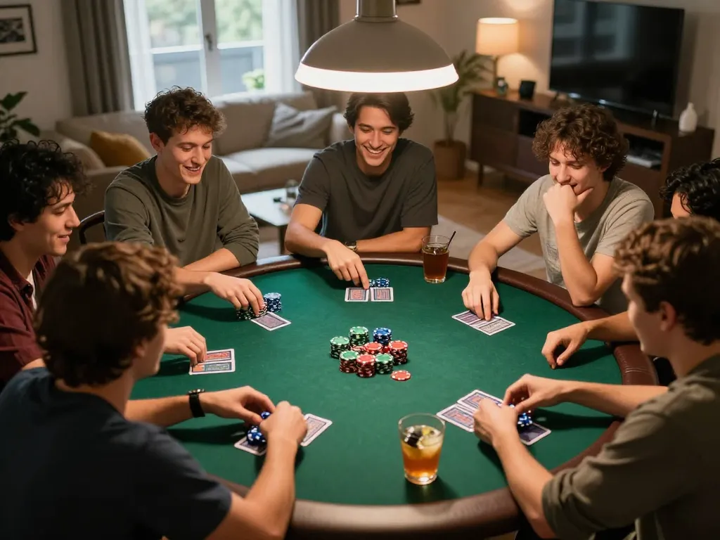 Friends engaging in an exciting NSFW game of poker at home during a lively game night.