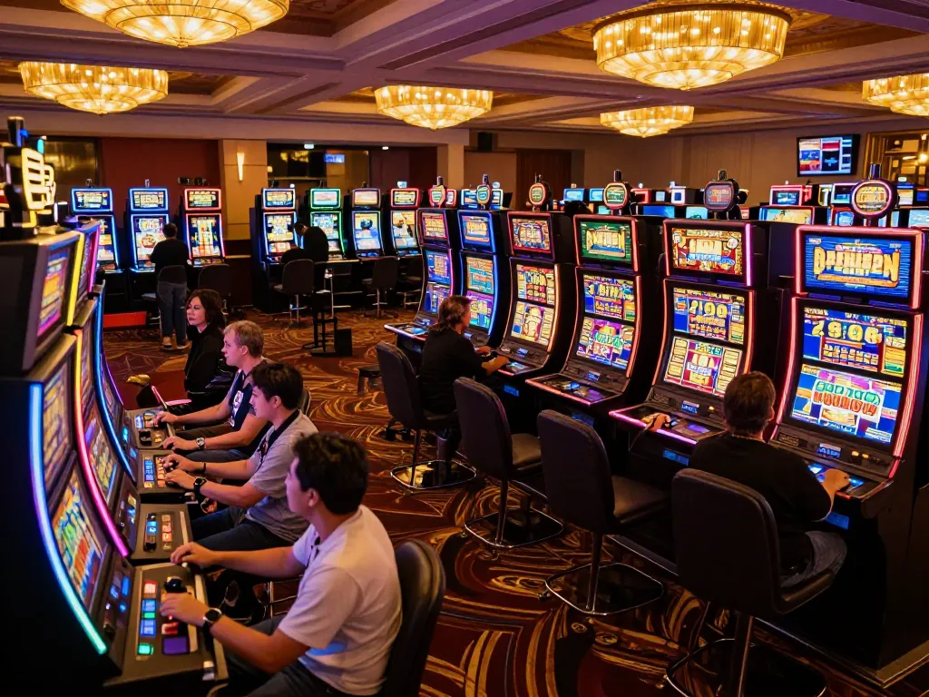 Players winning on vibrant slot machines at USBET casino, lively atmosphere and excitement