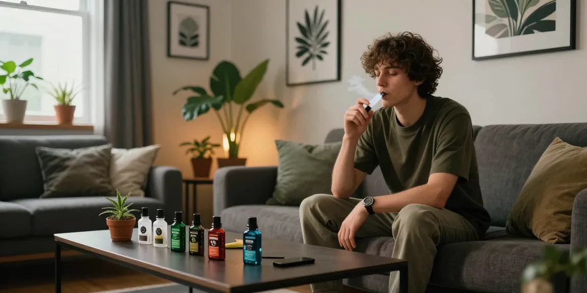 Enjoying a relaxing vape session with Indica Vape C Liquid in a cozy living room.