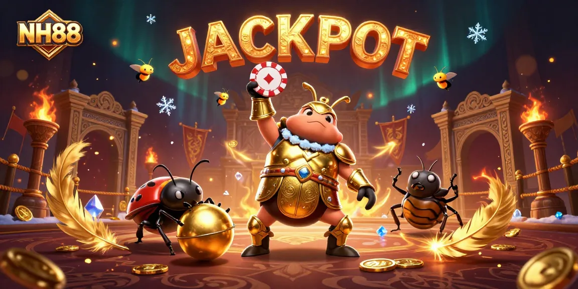 Experience winning moments at NH88 with a hero beetle and golden poker chip in a vibrant casino scene.