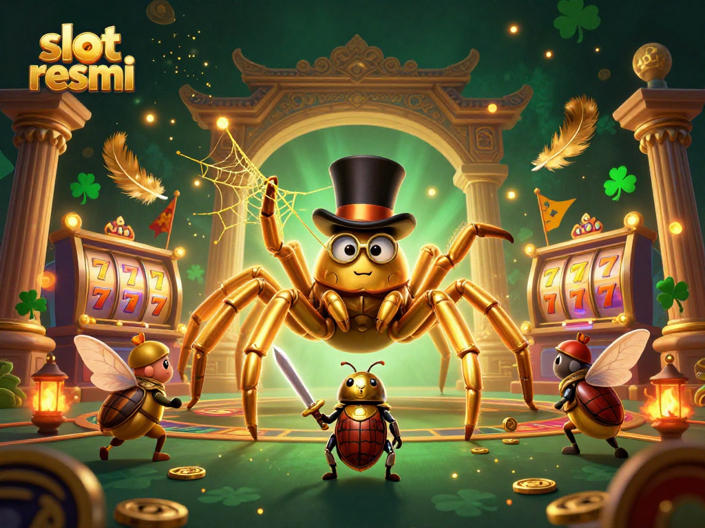 Experience excitement at slot resmi with a golden tarantula and beetle knight in a dynamic casino setting.