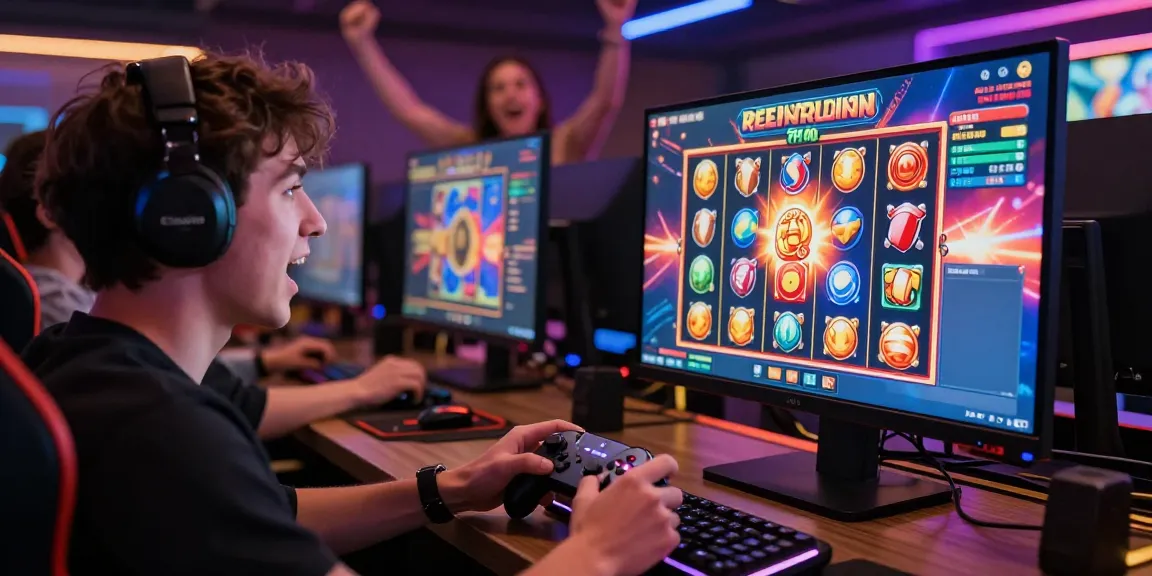 Exciting moment playing slot depo 1k online with colorful game interface and friends celebrating wins.