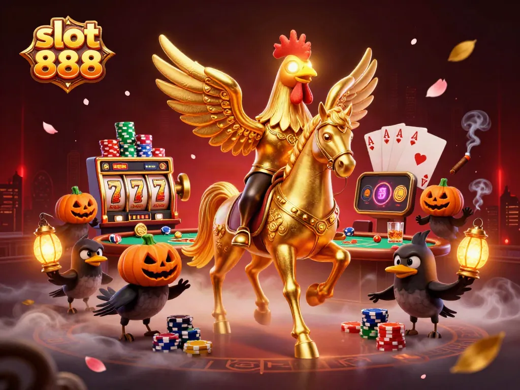 Experience the thrill of slot 888 with an exciting 3D illustration of golden rooster and casino elements.