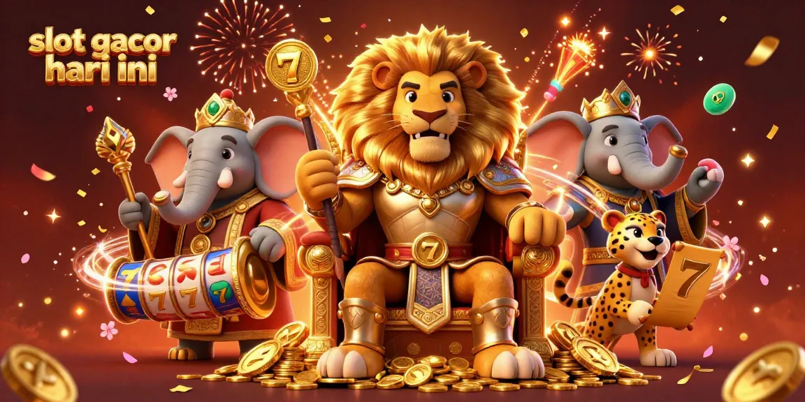 Engage with slot gacor hari ini through a dynamic scene with a royal lion king and vibrant gambling elements.