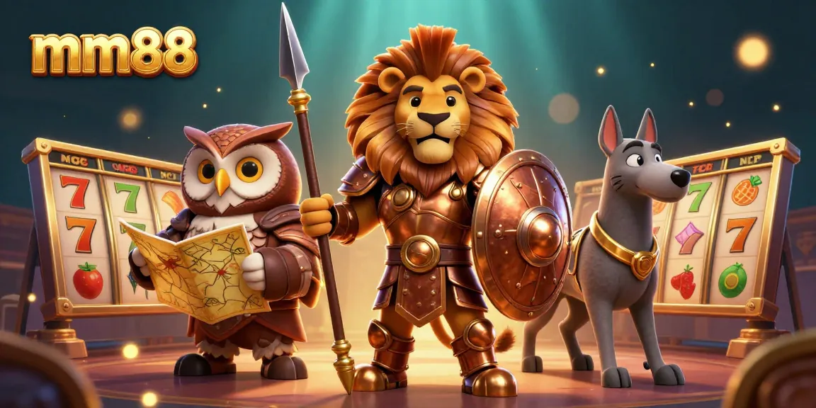 mm88 brings a rich online casino experience featuring a Spartan lion, tactical owl, and greyhound amidst slot reels and jackpot symbols.