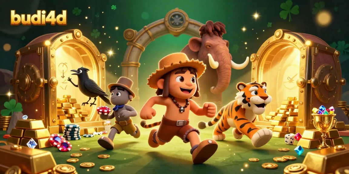 Budi4d casino scene showcasing a thrilling prehistoric experience with cartoon characters playing numerous games.