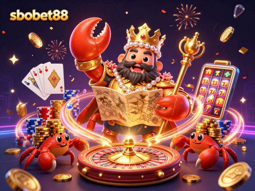 Engage in thrilling action with sbobet88's dynamic golden crab emperor in a vibrant casino scene.
