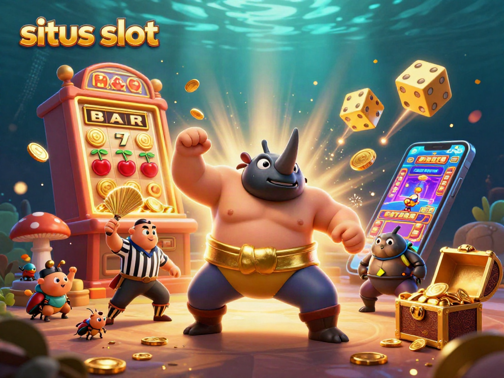 Experience situs slot excitement with a dynamic 3D illustration of a beetle sumo champion surrounded by vibrant casino elements.