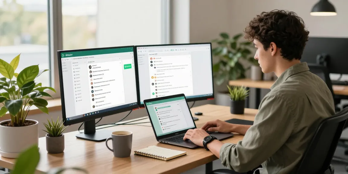 Using the WhatsApp電腦版 on a laptop in a modern workspace.