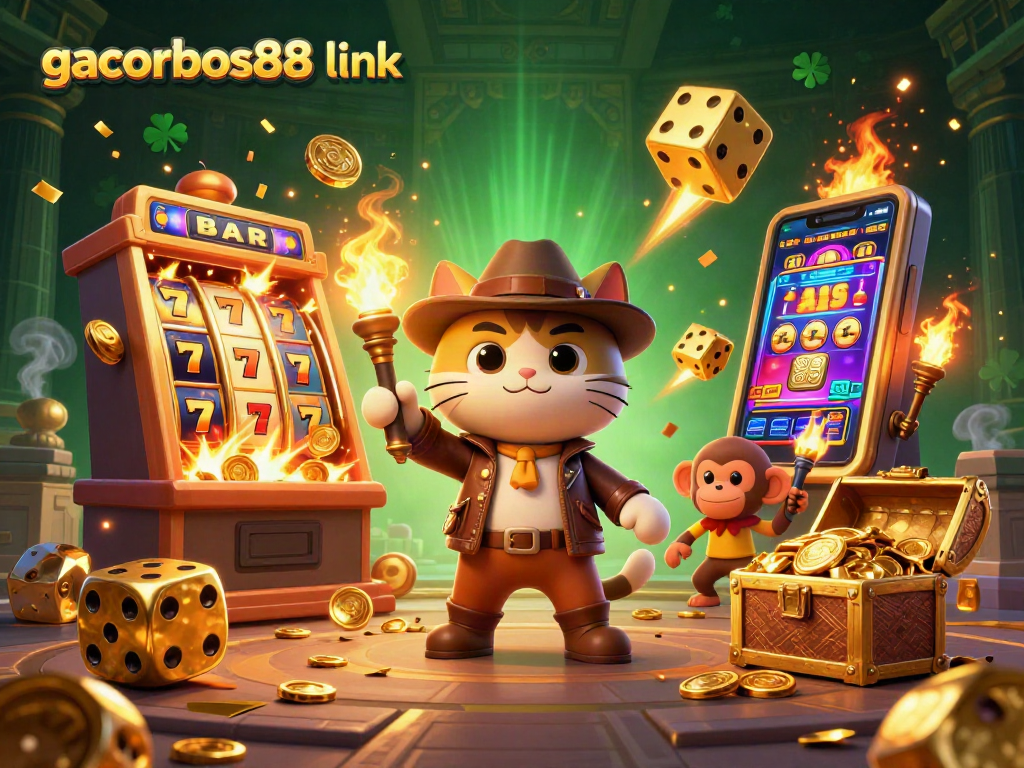 Experience the thrill of slots with gacorbos88 link as a cartoon explorer cat discovers casino treasures in a temple.