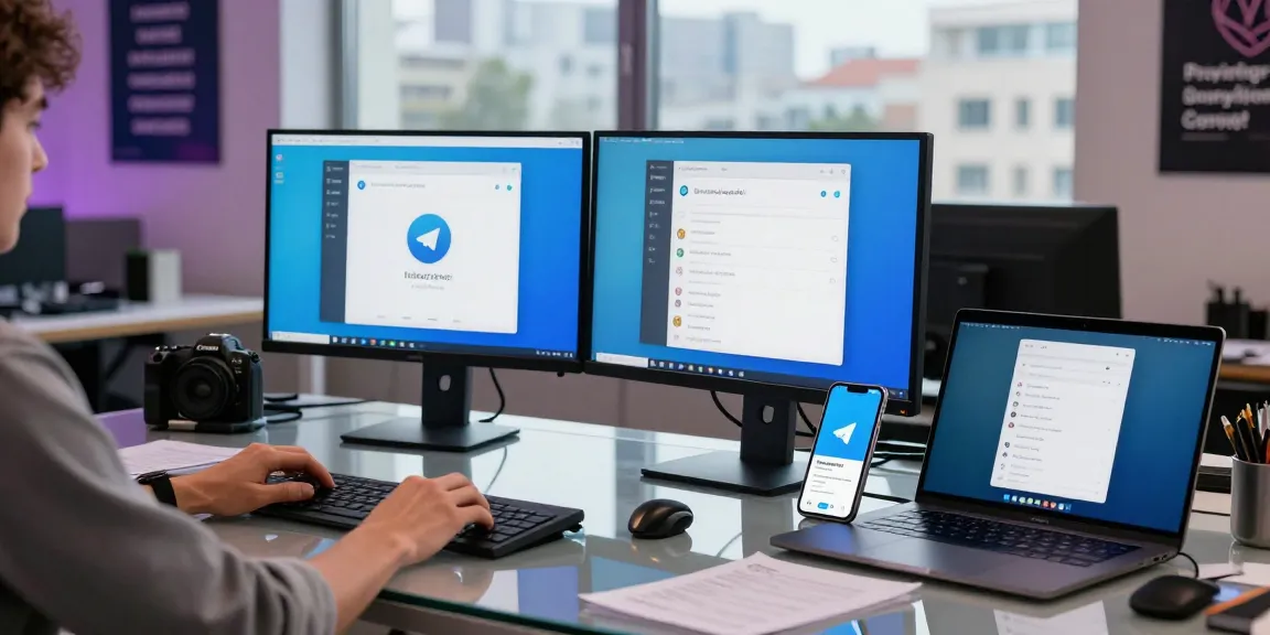 Telegram Download workspace showcasing a user engaging with the app on multiple devices in a tech-focused environment.