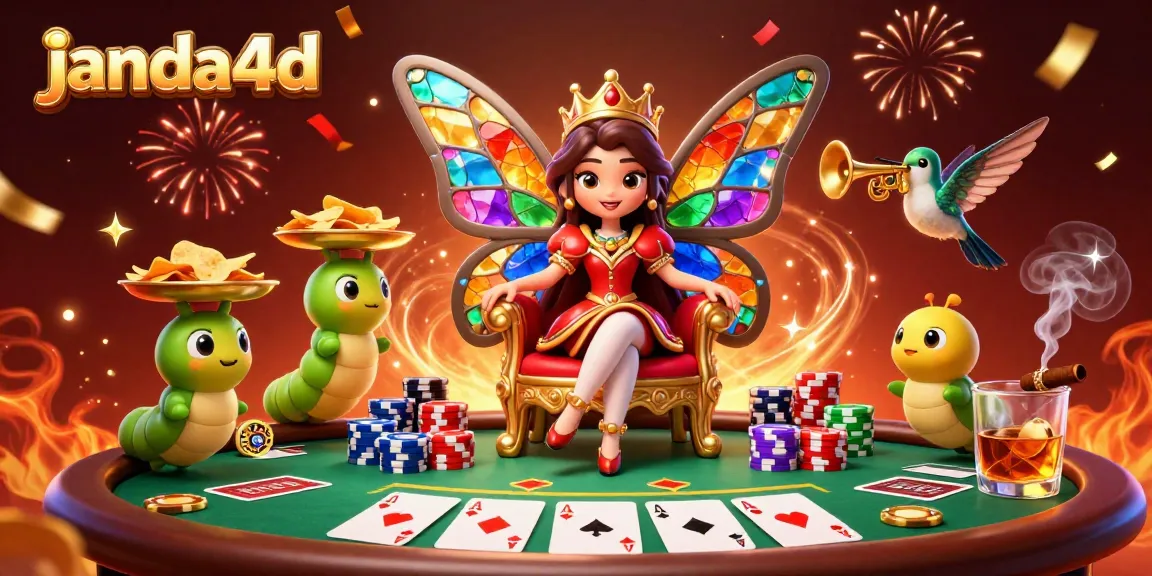 Menangkan chips di janda4d dengan ratu kupu-kupu 3D pada meja poker glamor yang dikelilingi karakter menarik.