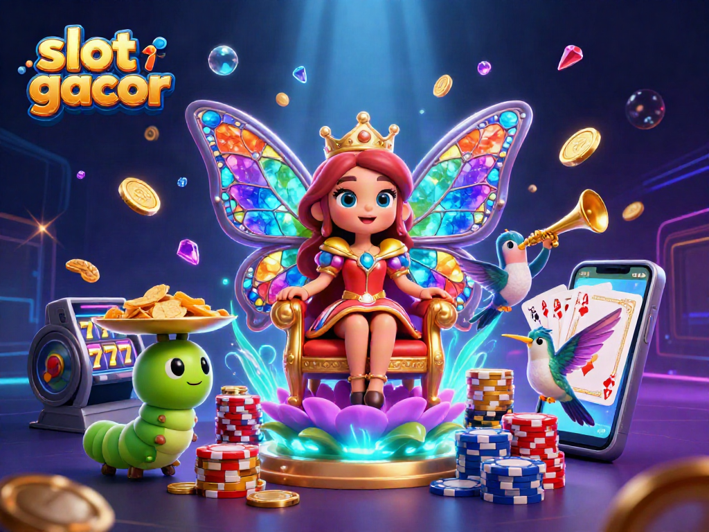Engage in thrilling slot gacor gameplay with a vibrant 3D casino scene featuring a butterfly queen.