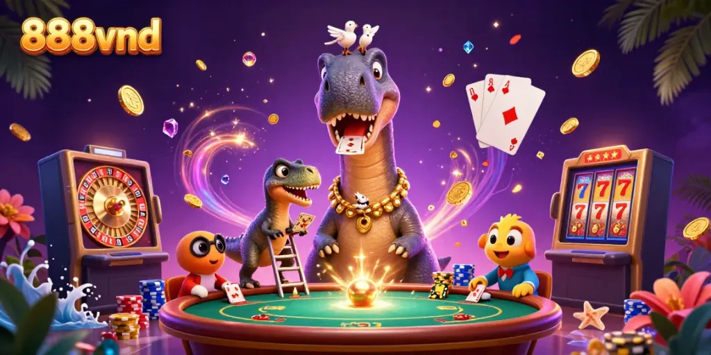 Experience the excitement of 888vnd with cartoon dinosaurs in a bustling casino scene.