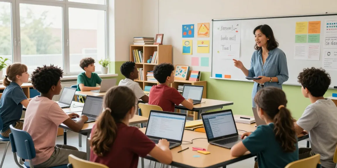 Engaged teacher using EMStudio online teacher planner in a lively classroom setting with diverse students.