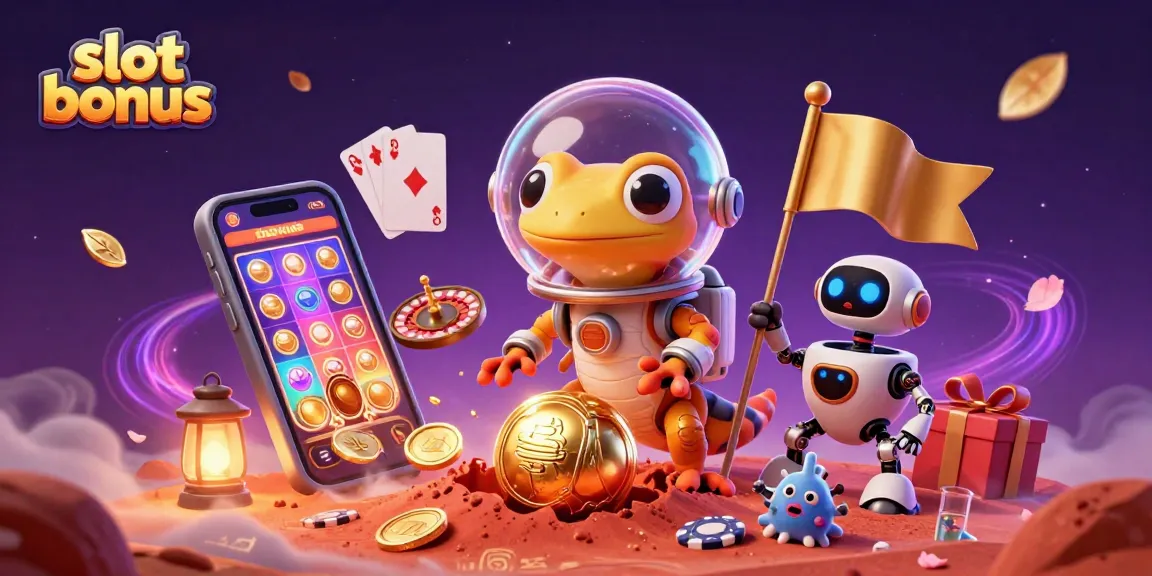Experience a thrilling slot bonus adventure with Martian gecko and robot rover exploring a golden casino.