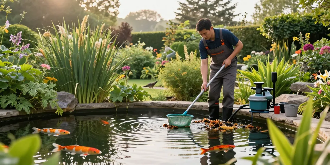 Professional Pond Cleaning Surrey services at a tranquil garden pond, expert cleaning debris with tools in lush surroundings.