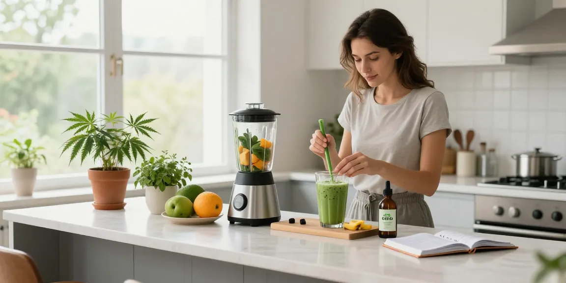 Ministry of Cannabis CBD oil used in a healthy smoothie preparation in a bright kitchen.