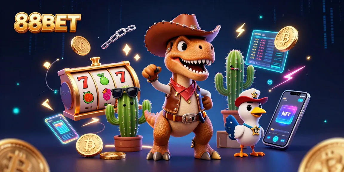 88BET enriches your gaming experience with a vibrant 3D casino scene featuring characters and crypto coins.