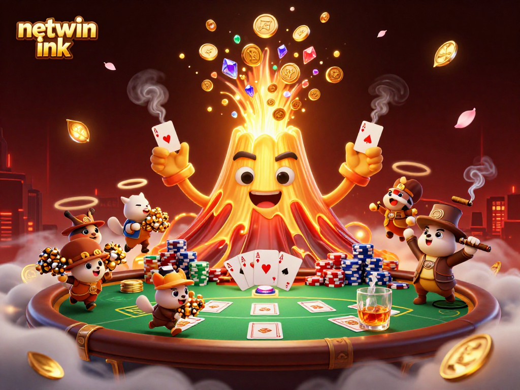 Experience the excitement of netwin ink with a golden volcano erupting treasures in an engaging casino scene.