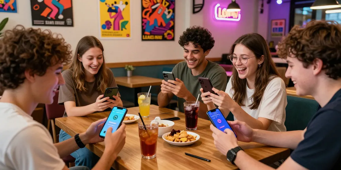 Engaging scene of friends playing smash or pass ai game in a vibrant café, capturing laughter and excitement.