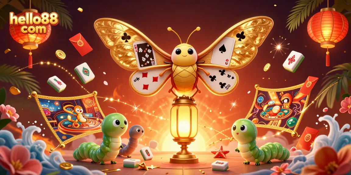 Spin jackpots at hello88 com with vibrant 3D casino element illustrations featuring a moth and game symbols.
