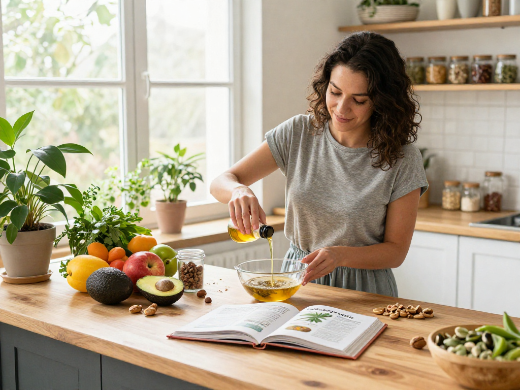 Cannabis edibles preparation with CBD-infused oil and organic ingredients in a bright kitchen, promoting wellness.